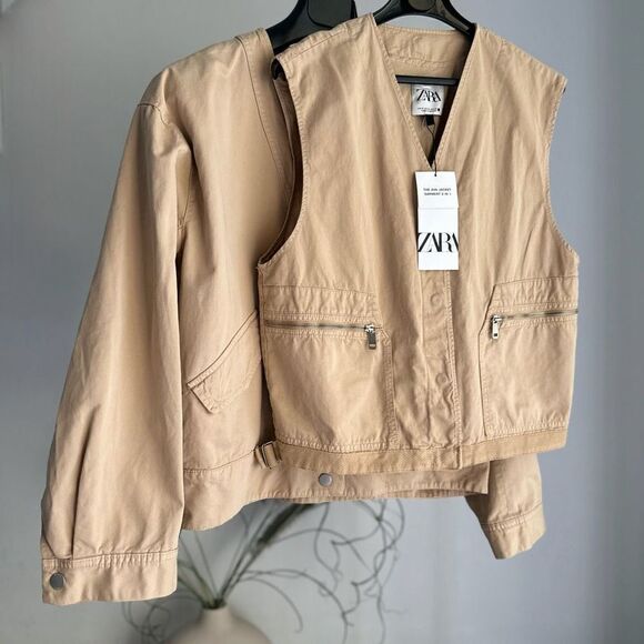 Zara Set Jacket Vest NWT Medium Cotton Oversized Beige Limited Edition - Picture 2 of 3
